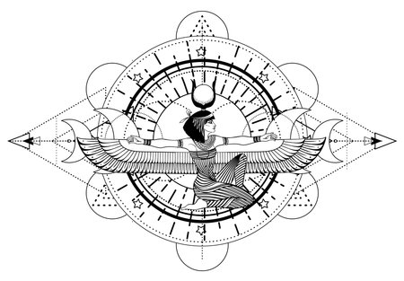 Sacred geometry with egypt symbol. Wings and all seeing eye. Alchemy, religion, spirituality, occultism. Isolated vector illustration. Conspiracy theory. Drawing tattoo art. Coloring book.のイラスト素材
