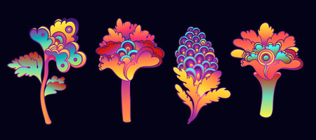 Colorful flower set, retro 60s, 70s hippie style. Vintage psychedelic vector design elements. Isolated on black. Great for stickers, patches and textile prints.のイラスト素材