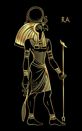 Portrait of Ra, Egyptian god of sun. Most important god in Ancient Egypt. Also known as Amun-Ra and Ra-Horakhty. Hand-drawn vintage vector outline illustration in gold over black. Symbol of the ancient Egypt.のイラスト素材