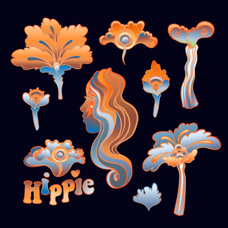 Colorful flower set, retro 60s, 70s hippie style. Vintage psychedelic vector design elements. Isolated on black. Great for stickers, patches and textile prints.のイラスト素材