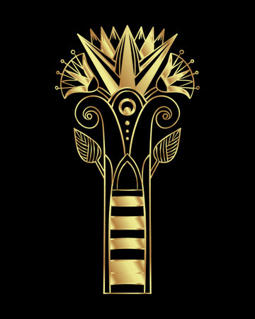 Egyptian floral design element set in gold isolated on white. Art deco style. Lotus flower, vector sign, symbol, logo illustration. Spirituality, occultism, chemistry, flower tattoo.のイラスト素材