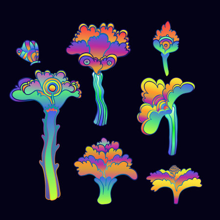 Colorful flower set, retro 60s, 70s hippie style. Vintage psychedelic vector design elements. Isolated on black. Great for stickers, patches and textile prints.のイラスト素材