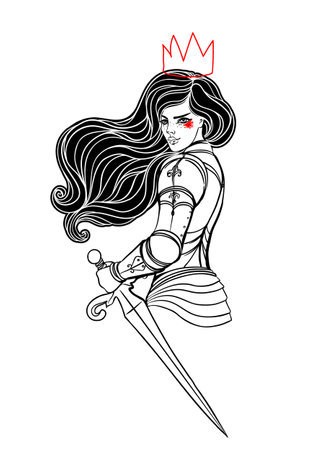 Portrait of beautiful girl with a sword and crown. Female knight in armour. Vector illustration. Medieval aesthetics. Girl power. Joan of Arc inspired. Sticker, patch, t-shirt print, tattoo, logo design.のイラスト素材