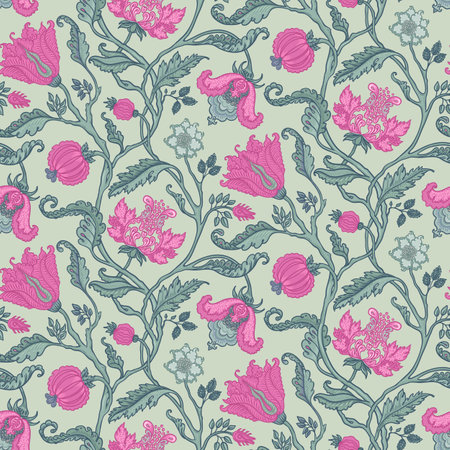 Floral vintage seamless pattern in Jacobean style for retro wallpapers. Enchanted Vintage Flowers. Chintz inspired. Design for wrapping paper, wallpaper, fabrics and fashion clothes.のイラスト素材