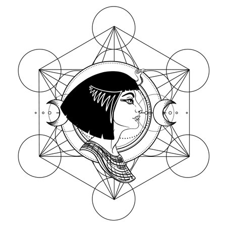 Sacred geometry with egypt symbol. Wings and all seeing eye. Alchemy, religion, spirituality, occultism. Isolated vector illustration. Conspiracy theory. Drawing tattoo art. Coloring book.のイラスト素材