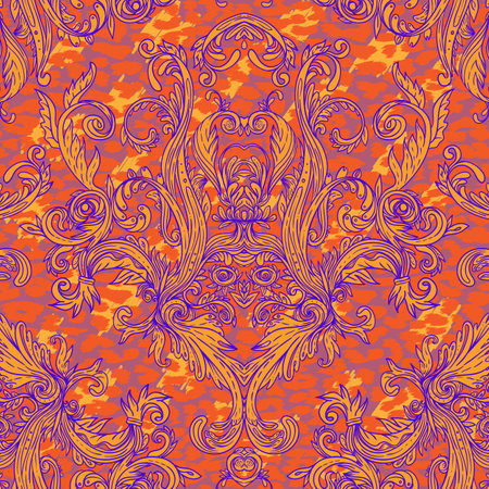 Baroque neon colored seamless pattern over leopard or cheetah skin titled background, fancy animal fur and glamorous elements, vector illustration. Luxury concept. Fabric design, wrapping paper, textile.のイラスト素材