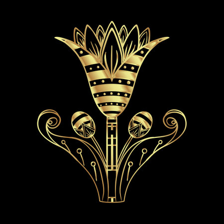 Egyptian floral design element set in gold isolated on white. Art deco style. Lotus flower, vector sign, symbol, logo illustration. Spirituality, occultism, chemistry, flower tattoo.のイラスト素材