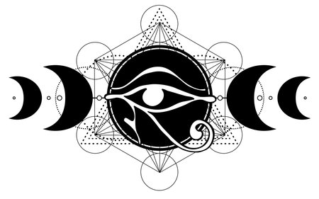 Sacred geometry with egypt symbol. Wings and all seeing eye. Alchemy, religion, spirituality, occultism. Isolated vector illustration. Conspiracy theory. Drawing tattoo art. Coloring book.のイラスト素材