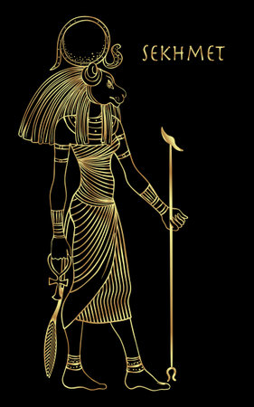 Sekhmet, the goddess of the sun, fire plagues, healing and war In Egyptian mythology. A woman with the head of a lion and the sun disk above her. Hand-drawn vintage vector outline illustration in gold over black.のイラスト素材