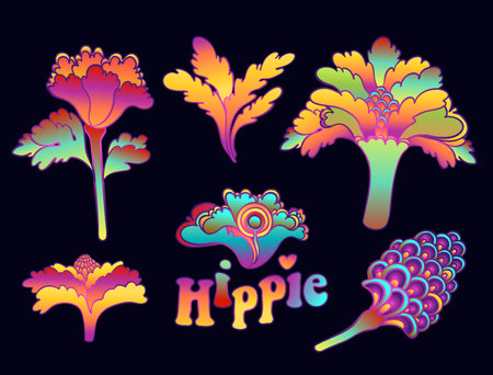 Colorful flower set, retro 60s, 70s hippie style. Vintage psychedelic vector design elements. Isolated on black. Great for stickers, patches and textile prints.のイラスト素材