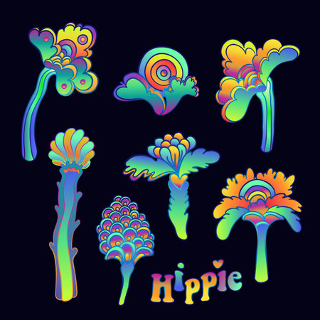 Colorful flower set, retro 60s, 70s hippie style. Vintage psychedelic vector design elements. Isolated on black. Great for stickers, patches and textile prints.のイラスト素材