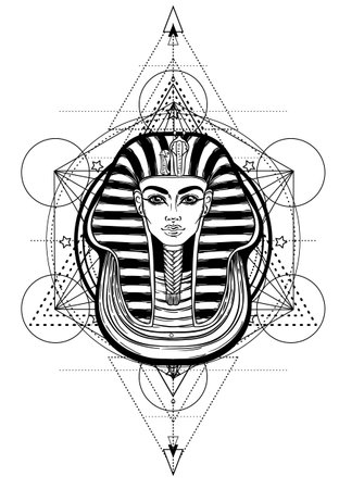 Sacred geometry with egypt symbol. Wings and all seeing eye. Alchemy, religion, spirituality, occultism. Isolated vector illustration. Conspiracy theory. Drawing tattoo art. Coloring book.のイラスト素材
