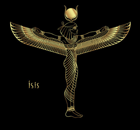 Isis, goddess of life and magic in Egyptian mythology. One of the greatest goddesses of Ancient Egypt, protects women, children, heals sick. Vector isolated illustration in gold over black. Winged woman.のイラスト素材