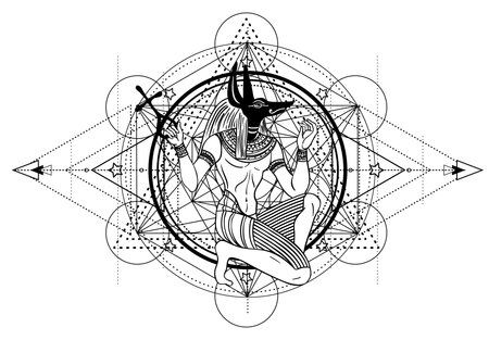Sacred geometry with egypt symbol. Wings and all seeing eye. Alchemy, religion, spirituality, occultism. Isolated vector illustration. Conspiracy theory. Drawing tattoo art. Coloring book.のイラスト素材