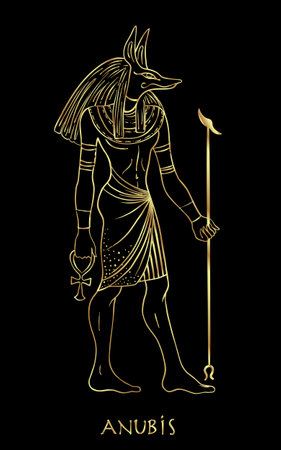 Portrait of Anubis. in Ancient Egyptian, god of death, mummification, embalming, the afterlife, cemeteries, tombs, and the Underworld. Hand-drawn vintage vector outline illustration in gold over black. Symbol of the ancient Egypt.のイラスト素材