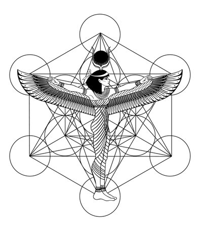 Sacred geometry with egypt symbol. Wings and all seeing eye. Alchemy, religion, spirituality, occultism. Isolated vector illustration. Conspiracy theory. Drawing tattoo art. Coloring book.のイラスト素材