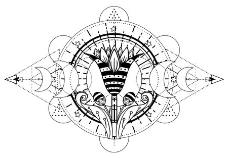 Sacred geometry with egypt symbol. Wings and all seeing eye. Alchemy, religion, spirituality, occultism. Isolated vector illustration. Conspiracy theory. Drawing tattoo art. Coloring book.のイラスト素材