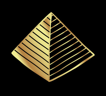 Great Pyramid of Giza built by the Ancient Egyptians. Cairo, Egypt. Alchemy, religion, spirituality, occultism, tattoo art. Hand-drawn vintage vector outline illustration in gold over black. Symbol of the ancient Egypt.のイラスト素材