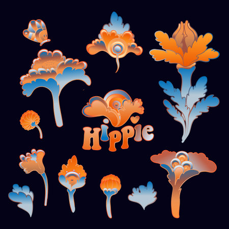 Colorful flower set, retro 60s, 70s hippie style. Vintage psychedelic vector design elements. Isolated on black. Great for stickers, patches and textile prints.のイラスト素材