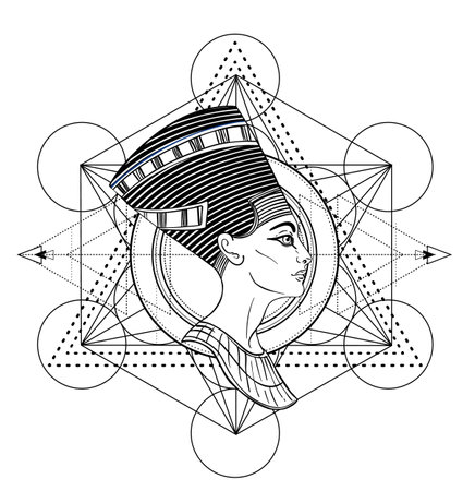 Sacred geometry with egypt symbol. Wings and all seeing eye. Alchemy, religion, spirituality, occultism. Isolated vector illustration. Conspiracy theory. Drawing tattoo art. Coloring book.のイラスト素材