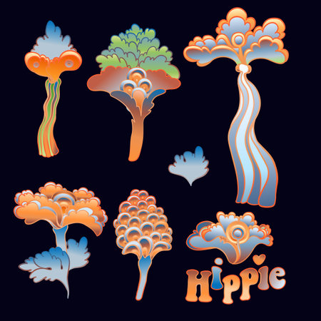 Colorful flower set, retro 60s, 70s hippie style. Vintage psychedelic vector design elements. Isolated on black. Great for stickers, patches and textile prints.のイラスト素材