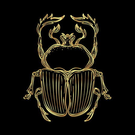 Scarabaeus sacer, Dung beetle. Sacred symbol of in ancient Egypt. Fantasy ornate insects. Hand-drawn vintage vector outline illustration in gold over black. Egyptian sacred wall art logo design. Symbol of the ancient Egypt.のイラスト素材