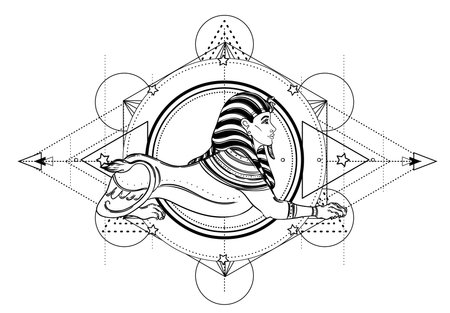 Sacred geometry with egypt symbol. Wings and all seeing eye. Alchemy, religion, spirituality, occultism. Isolated vector illustration. Conspiracy theory. Drawing tattoo art. Coloring book.のイラスト素材