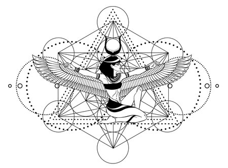 Sacred geometry with egypt symbol. Wings and all seeing eye. Alchemy, religion, spirituality, occultism. Isolated vector illustration. Conspiracy theory. Drawing tattoo art. Coloring book.のイラスト素材