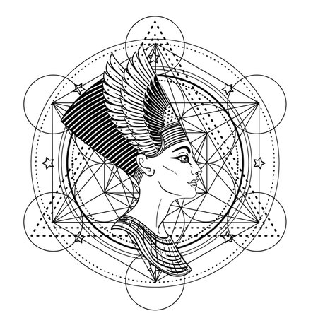 Sacred geometry with egypt symbol. Wings and all seeing eye. Alchemy, religion, spirituality, occultism. Isolated vector illustration. Conspiracy theory. Drawing tattoo art. Coloring book.のイラスト素材