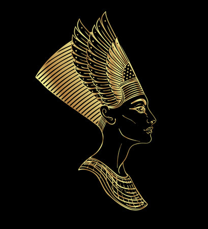 Egyptian Queen Nefertiti. Ancient portrait in crown. Beautiful woman profile closeup face.Hand-drawn vintage vector outline illustration in gold over black. Egyptian sacred wall art logo design. Symbol of the ancient Egypt.のイラスト素材