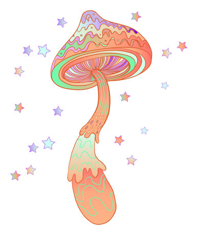 Magic mushrooms. Psychedelic hallucination. Vibrant vector illustration. 60s hippie colorful art.のイラスト素材