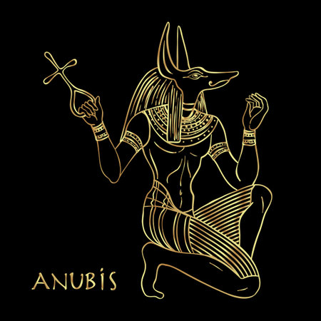 Portrait of Anubis. in Ancient Egyptian, god of death, mummification, embalming, the afterlife, cemeteries, tombs, and the Underworld. Hand-drawn vintage vector outline illustration in gold over black. Symbol of the ancient Egypt.のイラスト素材