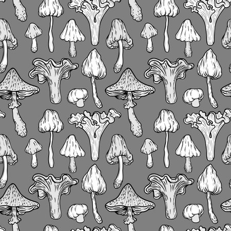 Magic mushrooms seamless pattern. Psychedelic hallucination. 60s hippie black and white art. Vintage psychedelic textile, fabric, wrapping, wallpaper. Vector repeating illustration.のイラスト素材