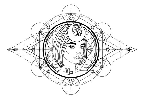 Illustration of Capricorn astrology sign as a beautiful girl over sacred geometry frame. Zodiac vector drawing isolated in black and white. Future telling, horoscope, spirituality. Coloring book.のイラスト素材