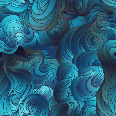 Natural texture. Decorative hand drawn doodle ornamental curly seamless pattern. Vector endless background. Stormy sea line art drawing. Splash ocean, clouds or hair.のイラスト素材