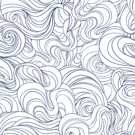 Natural texture. Decorative hand drawn doodle ornamental curly seamless pattern. Vector endless background. Stormy sea line art drawing. Splash ocean, clouds or hair.のイラスト素材