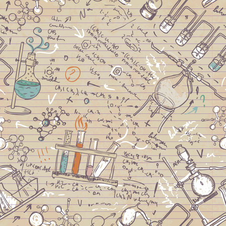 Seamless background with mechanical parts of clocks and retro machines, graphics and math formulas. Hand drawn repeated illustration in steampunk styleのイラスト素材