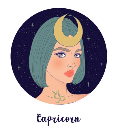 Illustration of Capricorn astrological sign as a beautiful girl. Zodiac vector illustration isolated on white. Future telling, horoscope, alchemy, spirituality, occultism, fashion woman.のイラスト素材