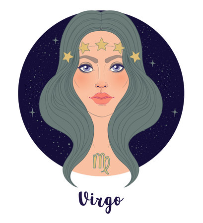 Illustration of Virgo astrological sign as a beautiful girl. Zodiac vector illustration isolated on white. Future telling, horoscope, alchemy, spirituality, occultism, fashion woman.のイラスト素材