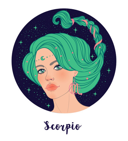 Illustration of Scorpio astrological sign as a beautiful girl. Zodiac vector illustration isolated on white. Future telling, horoscope, alchemy, spirituality, occultism, fashion woman.のイラスト素材