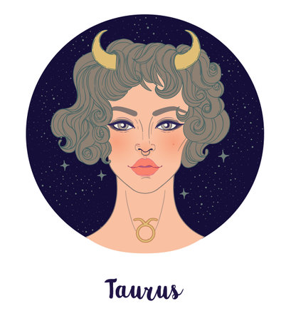 Illustration of Taurus astrological sign as a beautiful girl. Zodiac vector illustration isolated on white. Future telling, horoscope, alchemy, spirituality, occultism, fashion woman.のイラスト素材