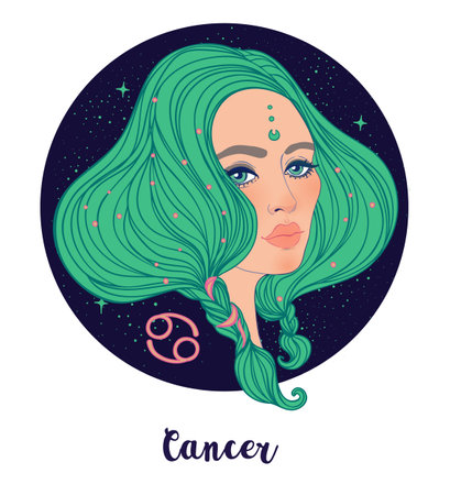 Illustration of Cancer astrological sign as a beautiful girl. Zodiac vector illustration isolated on white. Future telling, horoscope, alchemy, spirituality, occultism, fashion woman.のイラスト素材