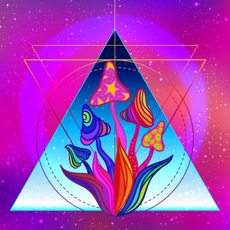 Retro futurism. Vintage 80s or 90s style background with magic mushrooms. Good design for textile t-shirt print design, flyer and poster. Futuristic vector illustration in bright neon colors.のイラスト素材