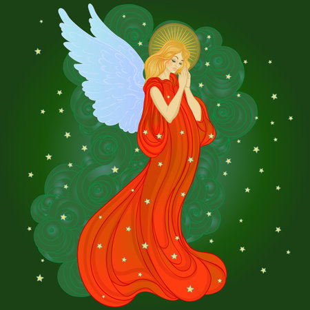 Angel girl with wings, cross, roses and halo. Isolated hand drawn vector illustration. Trendy Vintage style element. Spirituality, occultism, alchemy, magic.のイラスト素材
