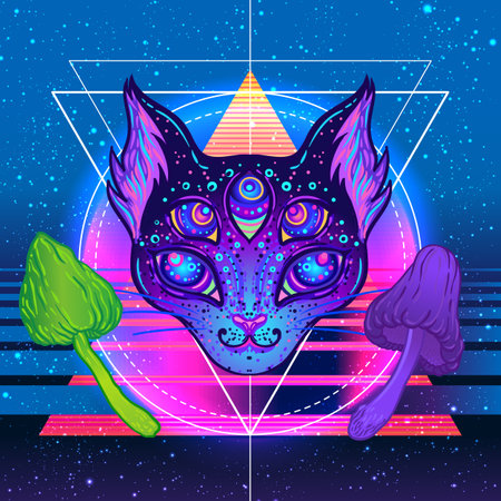 Retro futurism. Vintage 80s or 90s style background with magic mushrooms. Good design for textile t-shirt print design, flyer and poster. Futuristic vector illustration in bright neon colors.のイラスト素材