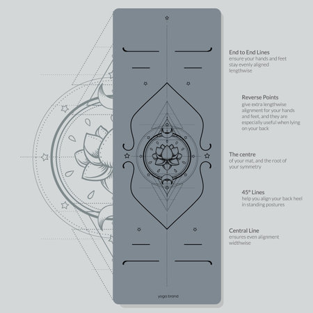 Alignment Yoga Mat design template. Vector illustration. Ready to print modern style. Perfect support in any asana, for the most demanding yogis with beautiful sybol in the center point inspired by energy of the universe.のイラスト素材