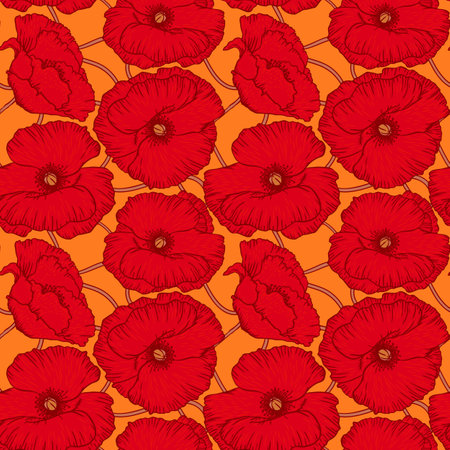 Art floral vector seamless pattern. Red poppies with orange leaves isolated on grey background. For fabric, home and kitchen textile, wallpaper design.のイラスト素材