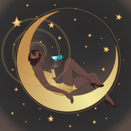 Pretty black woman sitting on vintage paper crescent moondrinking a martini. Flapper african american girl. Retro party invitation design. Vector illustration. Beaty in art deco style. Retro fashion, glamour lady of twenties.のイラスト素材