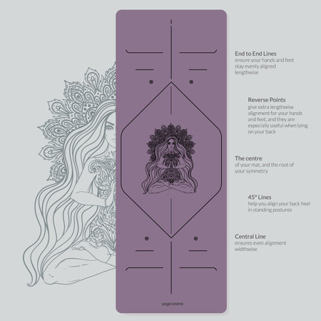 Alignment Yoga Mat design template. Vector illustration. Ready to print modern style. Perfect support in any asana, for the most demanding yogis with beautiful sybol in the center point inspired by energy of the universe.のイラスト素材