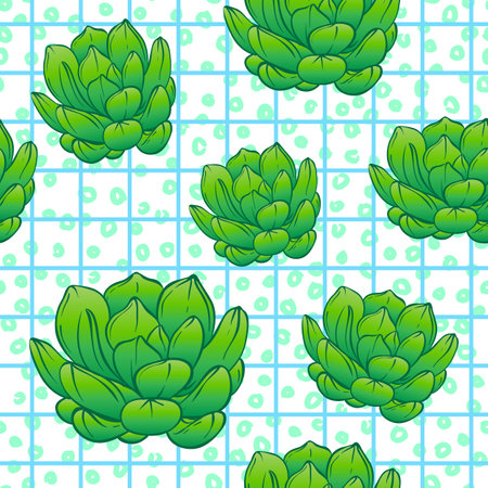 Seamless abstract geometric pattern with green succulents. Retro 1980s, 1990s style. Memphis inspired design for textiles and fabrics, wrapping paper and wallpapers. Vector illustration, bright colorsのイラスト素材